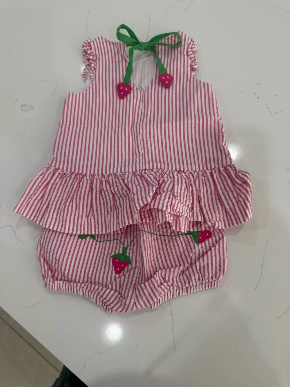 Florence Eiseman Girls’ Pink Stripe Top & Bloomers Set | Strawberry Embroidery